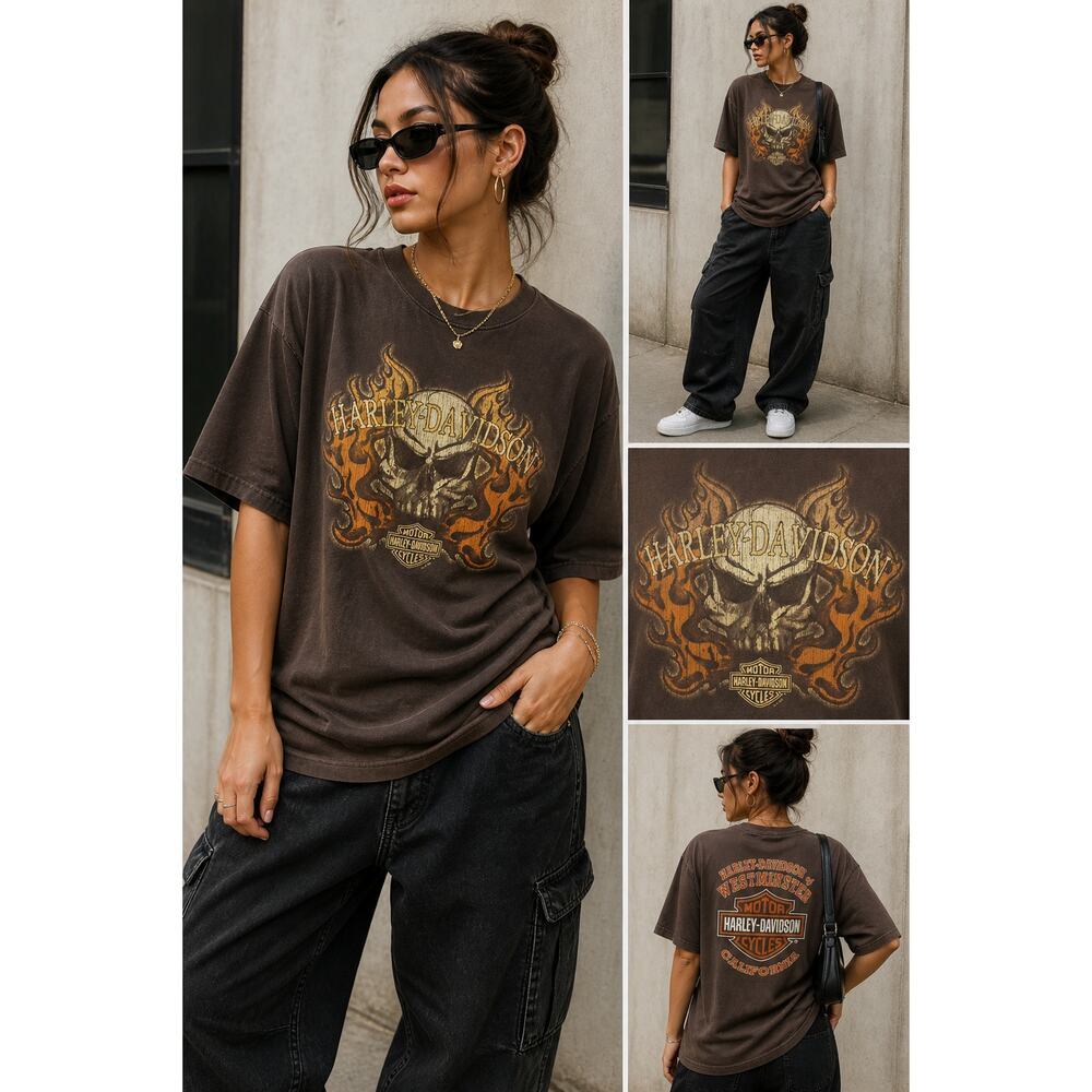 Harley Davidson Skull Flame Graphic Tee Brown XL Vintage Biker